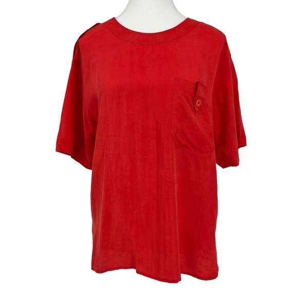 Vintage 90’s SK & Company Silk Blouse Button Pocket Red Medium - Picture 1 of 7